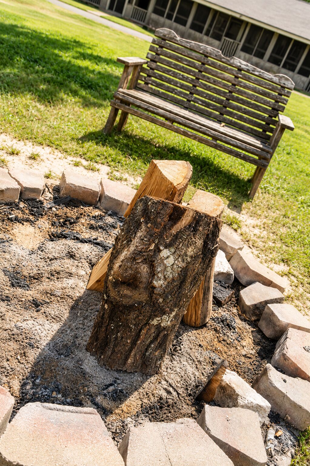 A wooden stump surrounded by bricks, with a bench in the background.