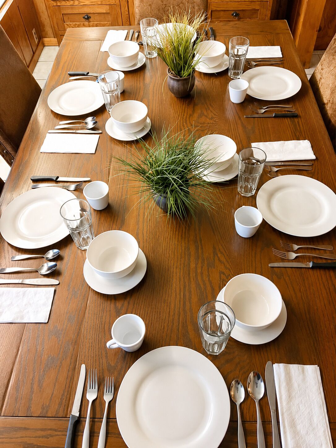 Une table de salle à manger en bois, dressée avec de l’assiette blanche, des bols, des verres et des couverts, et agrémentée d’une plante en pot placée au centre.