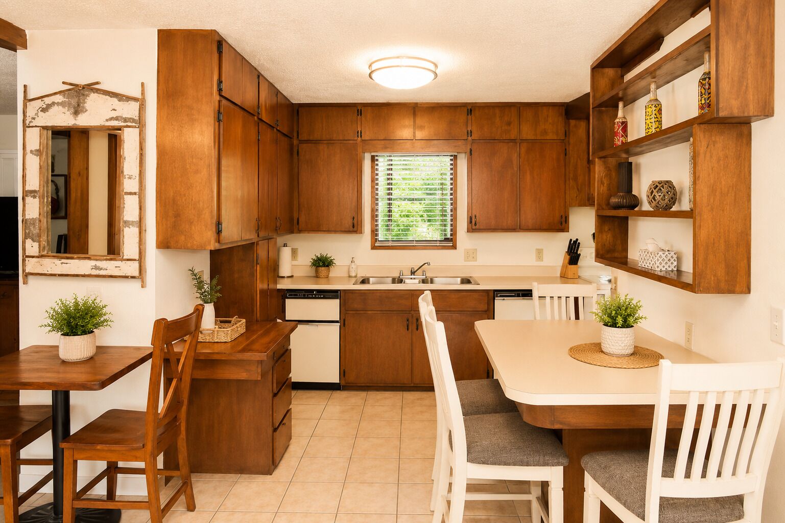 Una cocina compacta con armarios de madera, una encimera blanca y una zona de comedor con mesa y sillas blancas.