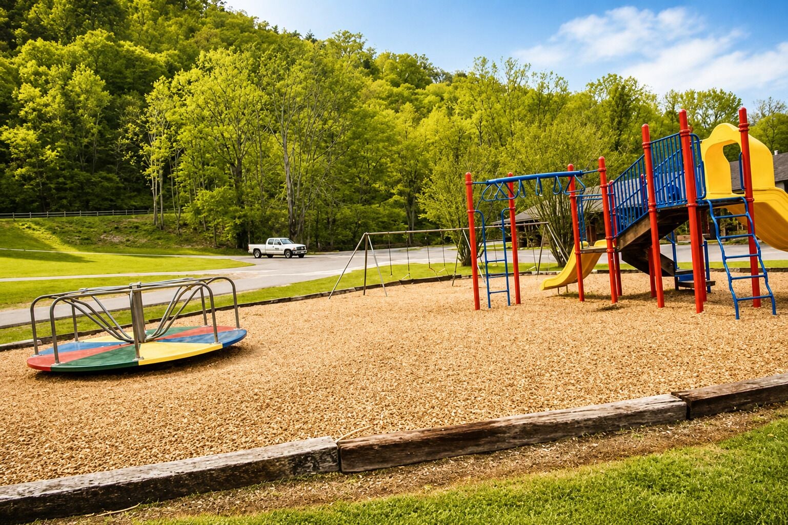 A playground with a swing set, a slide, and a seesaw on a grassy area with trees in the background.