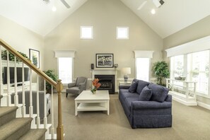 Flat-screen TV, fireplace, video games, DVD player