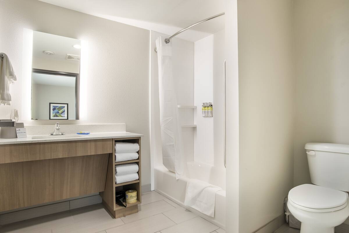 Un baño moderno con ducha, inodoro y lavamanos.