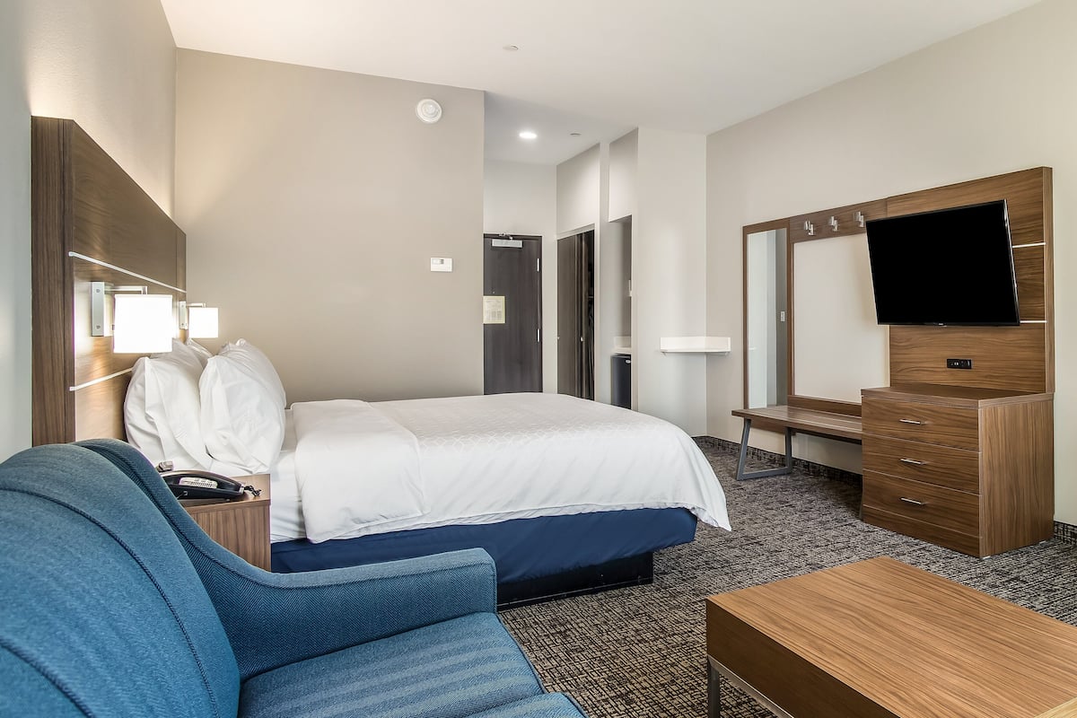 Una habitación de hotel con cama, escritorio, silla, cómoda, televisión y espejo.