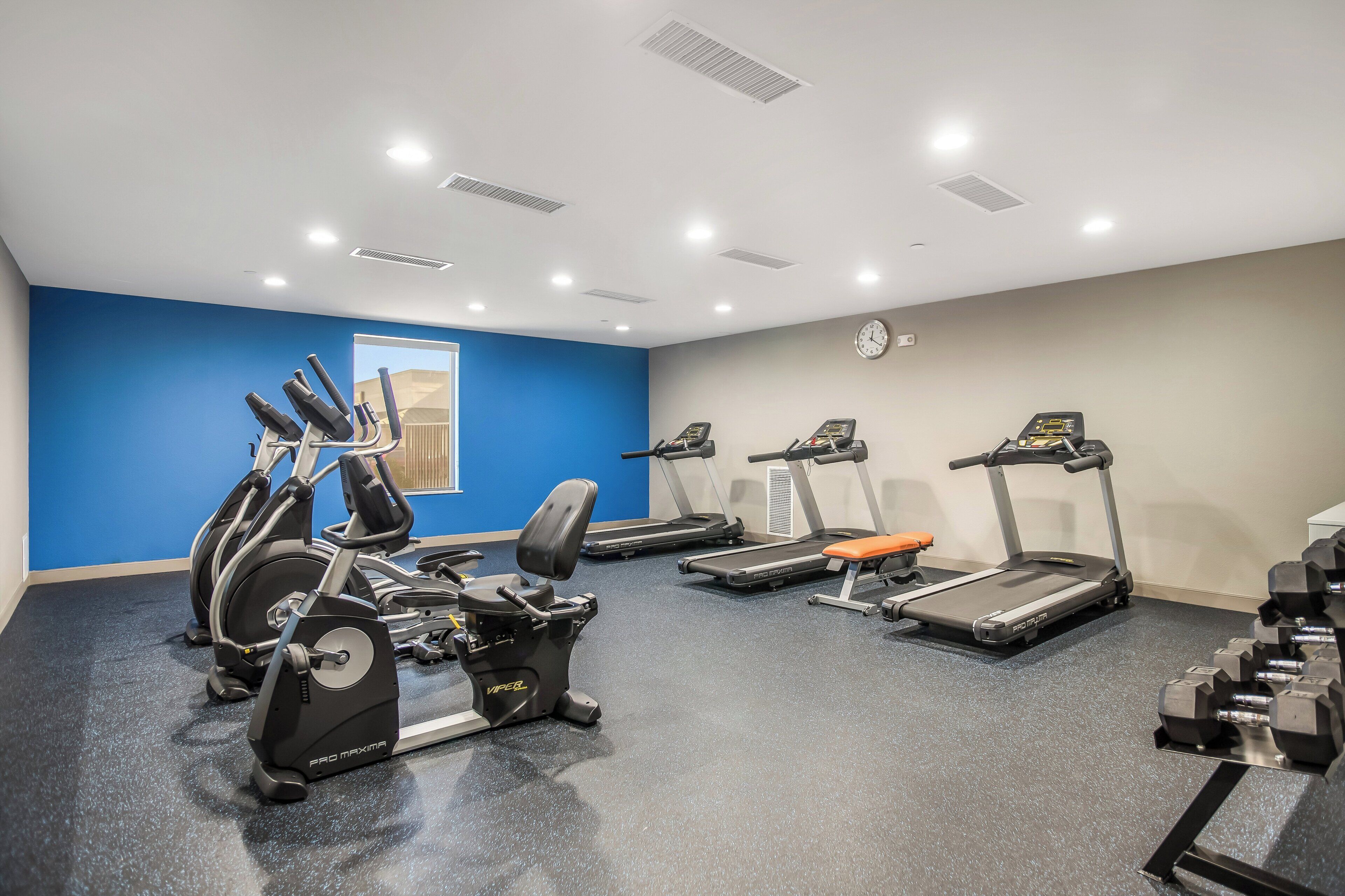 A gym with various exercise equipment including treadmills, stationary bikes, and weight machines.