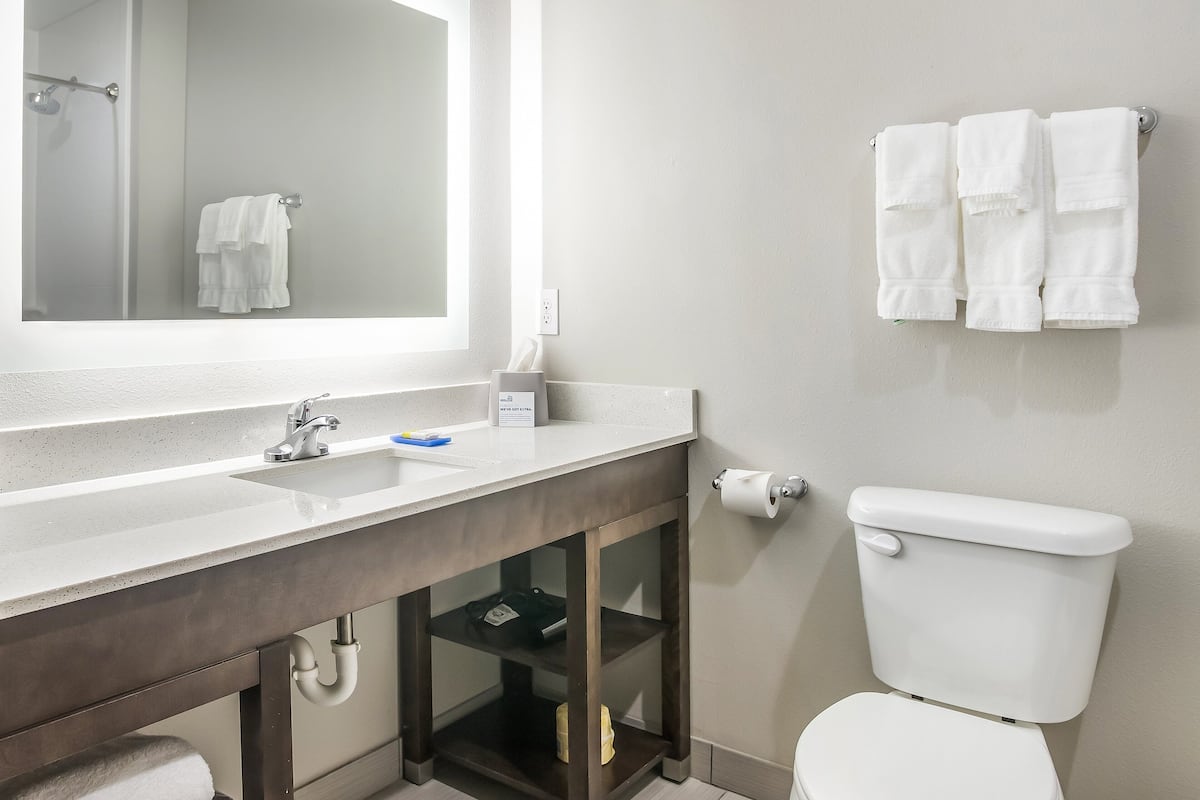 Un baño con lavamanos, espejo y retrete. Hay toallas colgadas en la pared.