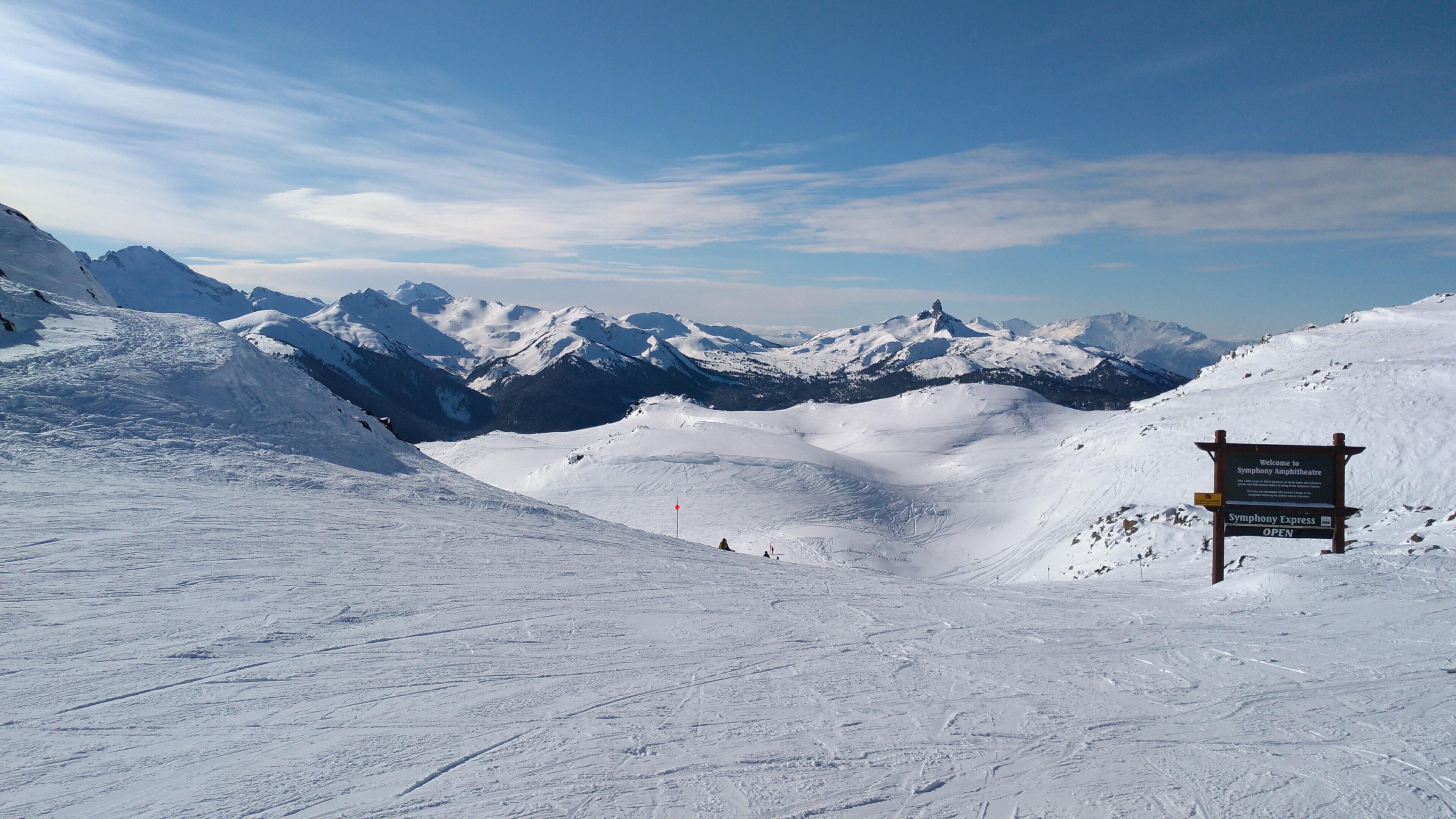 A snow-covered mountain landscape with a sign indicating the Symphony Amphitheatre.