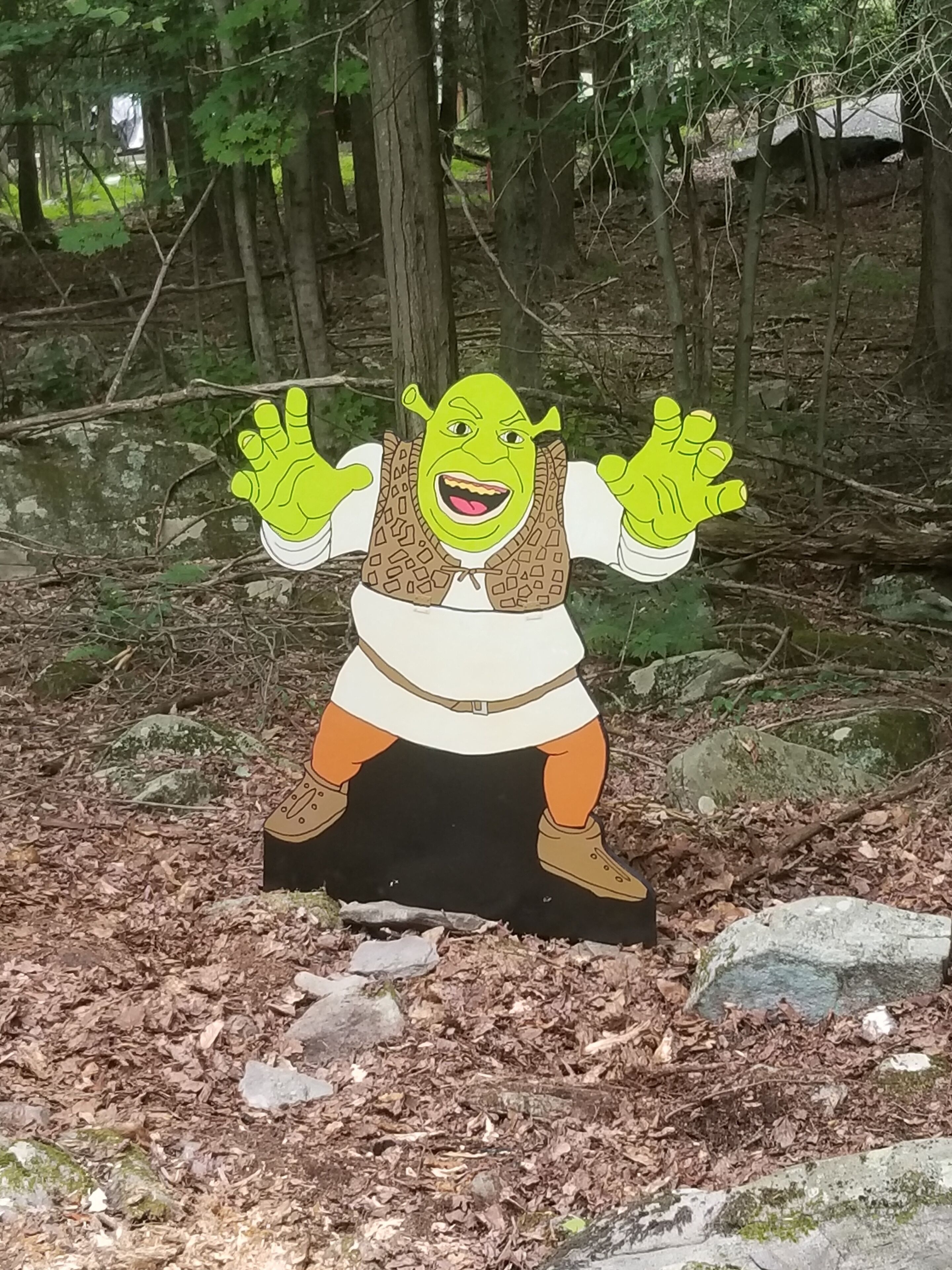 Un atrezzo de Shrek en un entorno boscoso.