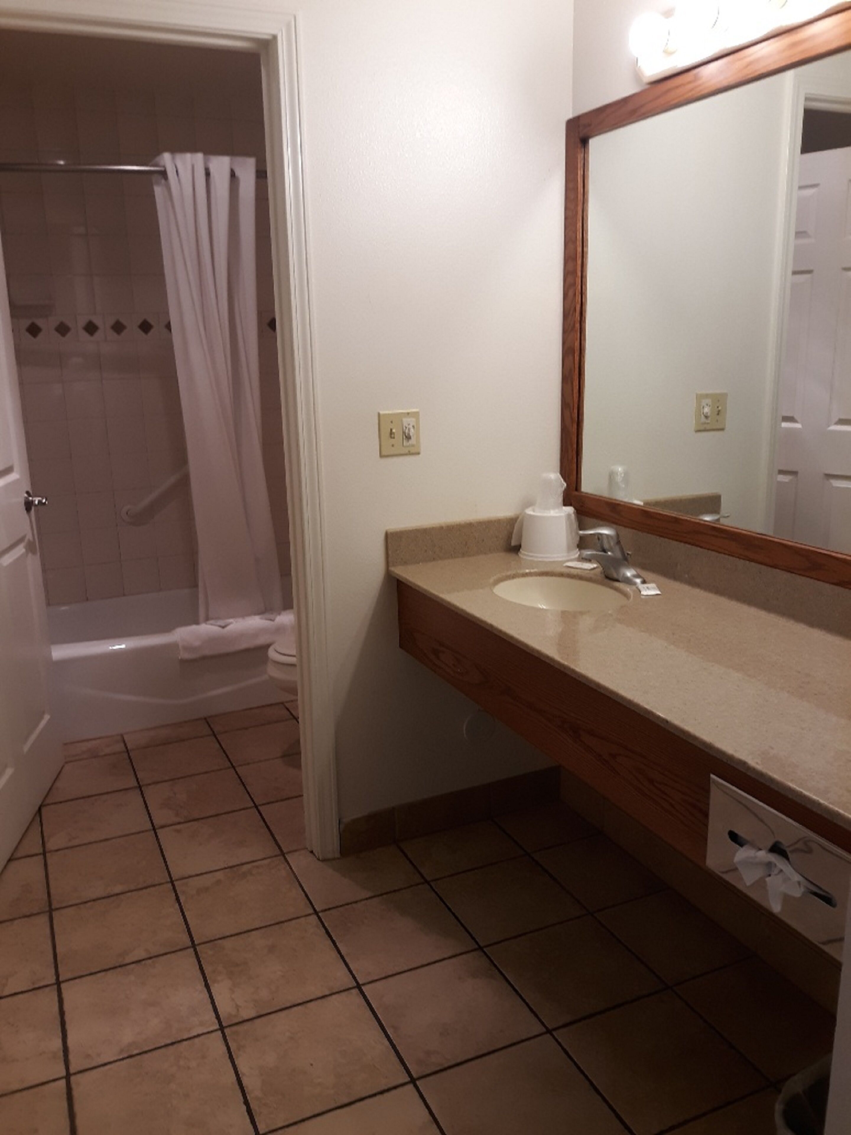 Combined shower/tub, hair dryer, towels