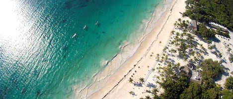 Private beach, white sand, sun loungers, beach umbrellas