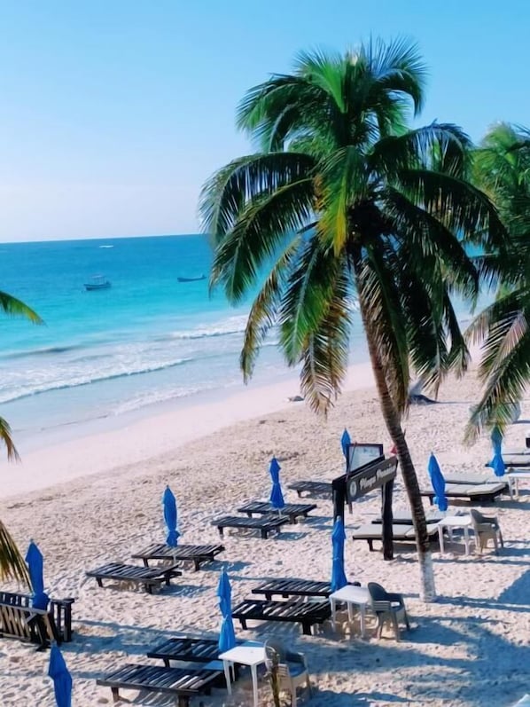 Plage privée, sable blanc, chaise longue, parasol