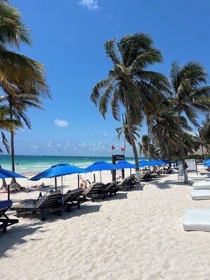 A beach with rows of sun loungers and blue umbrellas, palm trees, and a clear blue sky. - El Paraiso Hotel Tulum (Tulum)
