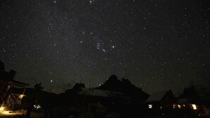 A night sky filled with stars above a rural landscape with houses.