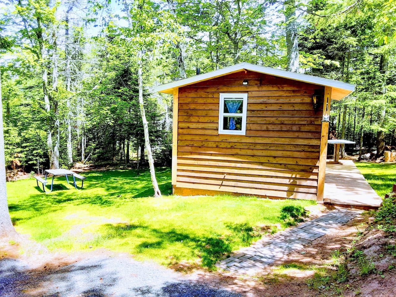 A wooden cabin with a small porch, surrounded by a grassy yard and trees.