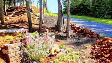 Un espace jardin agrémenté d’arbres, d’un mur en briques et d’un chemin pavé.
