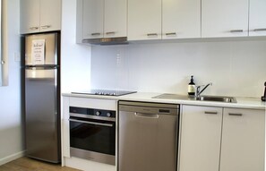 Full-sized fridge, microwave, oven, stovetop