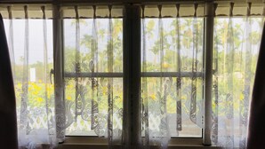 A window with sheer curtains and a view of a garden with yellow flowers and greenery. - Hua Yi Homestay (Gukeng)