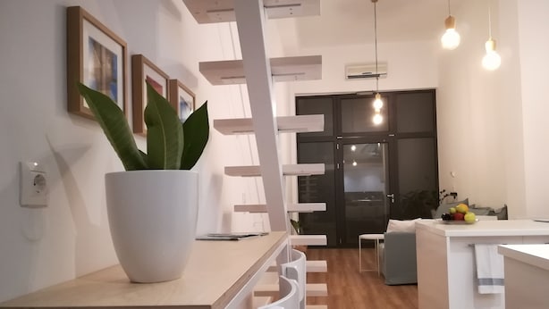 Een moderne keuken met witte kastjes, een centraal kookeiland en een potplant.