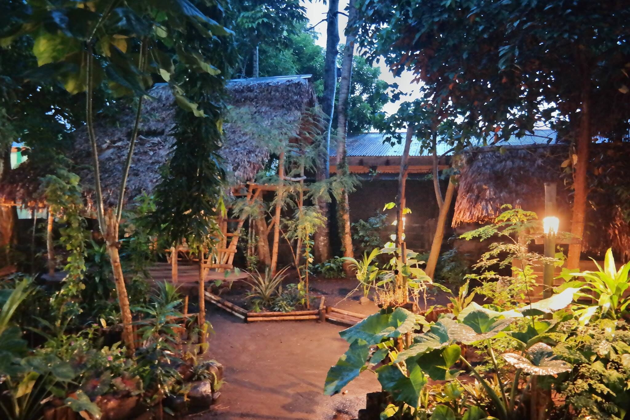 A lush garden with various plants and a thatched-roof structure.