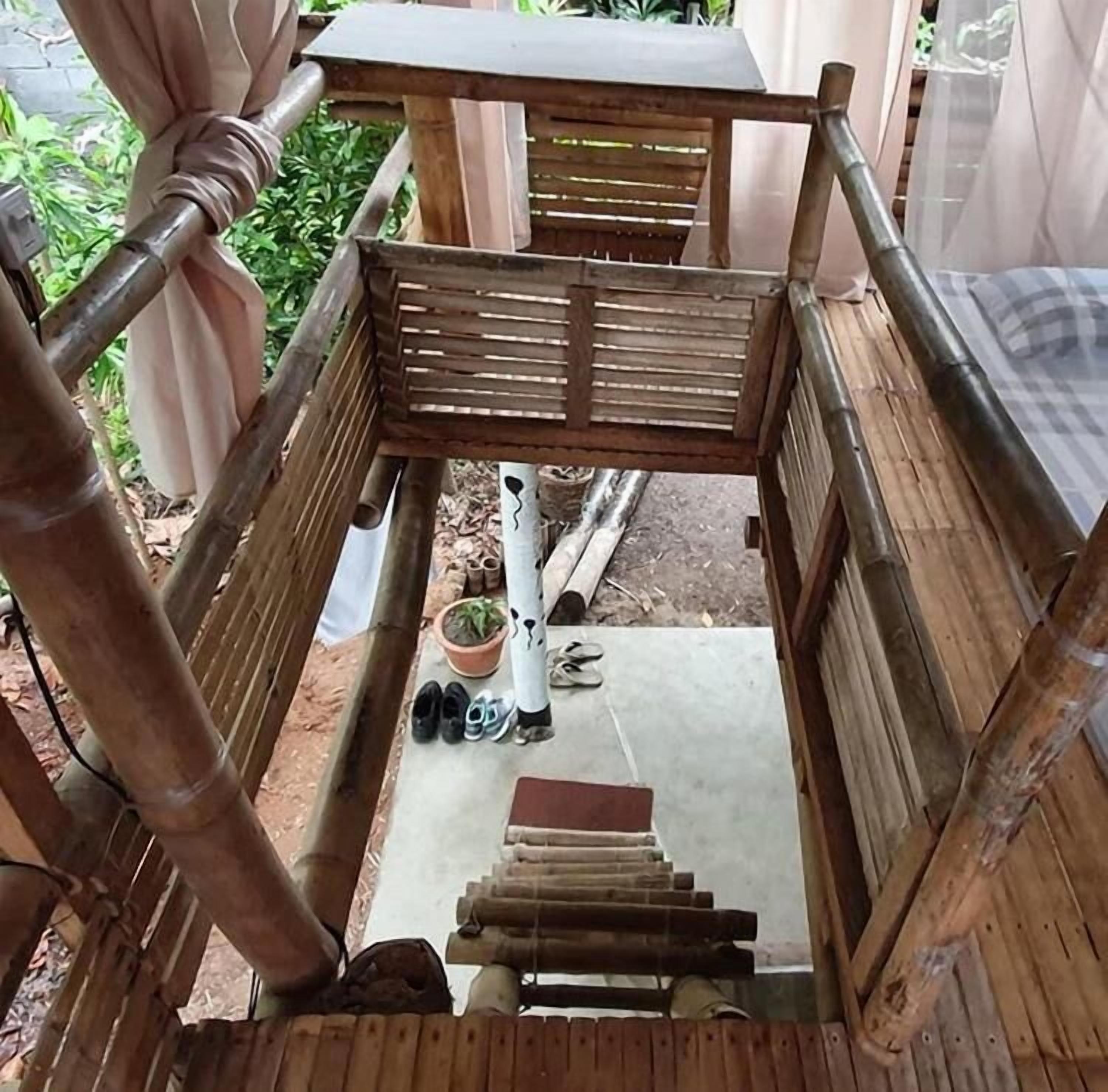 A bamboo staircase leading to a wooden deck with a potted plant and shoes on the ground.