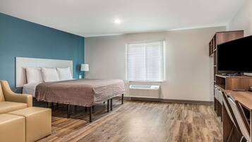 Memory-foam beds, desk, laptop workspace, iron/ironing board