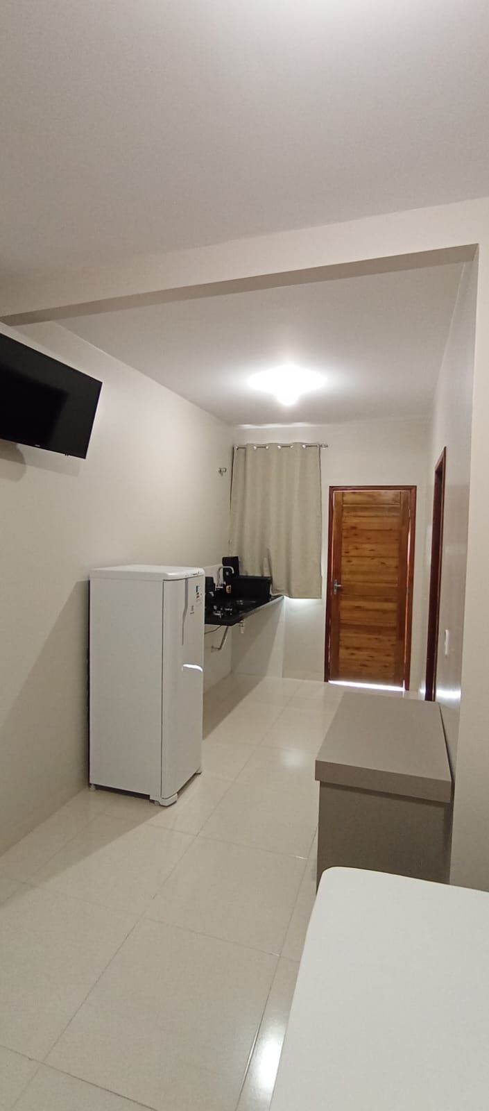 Una cocina compacta con refrigerador, lavamanos y puerta de madera.