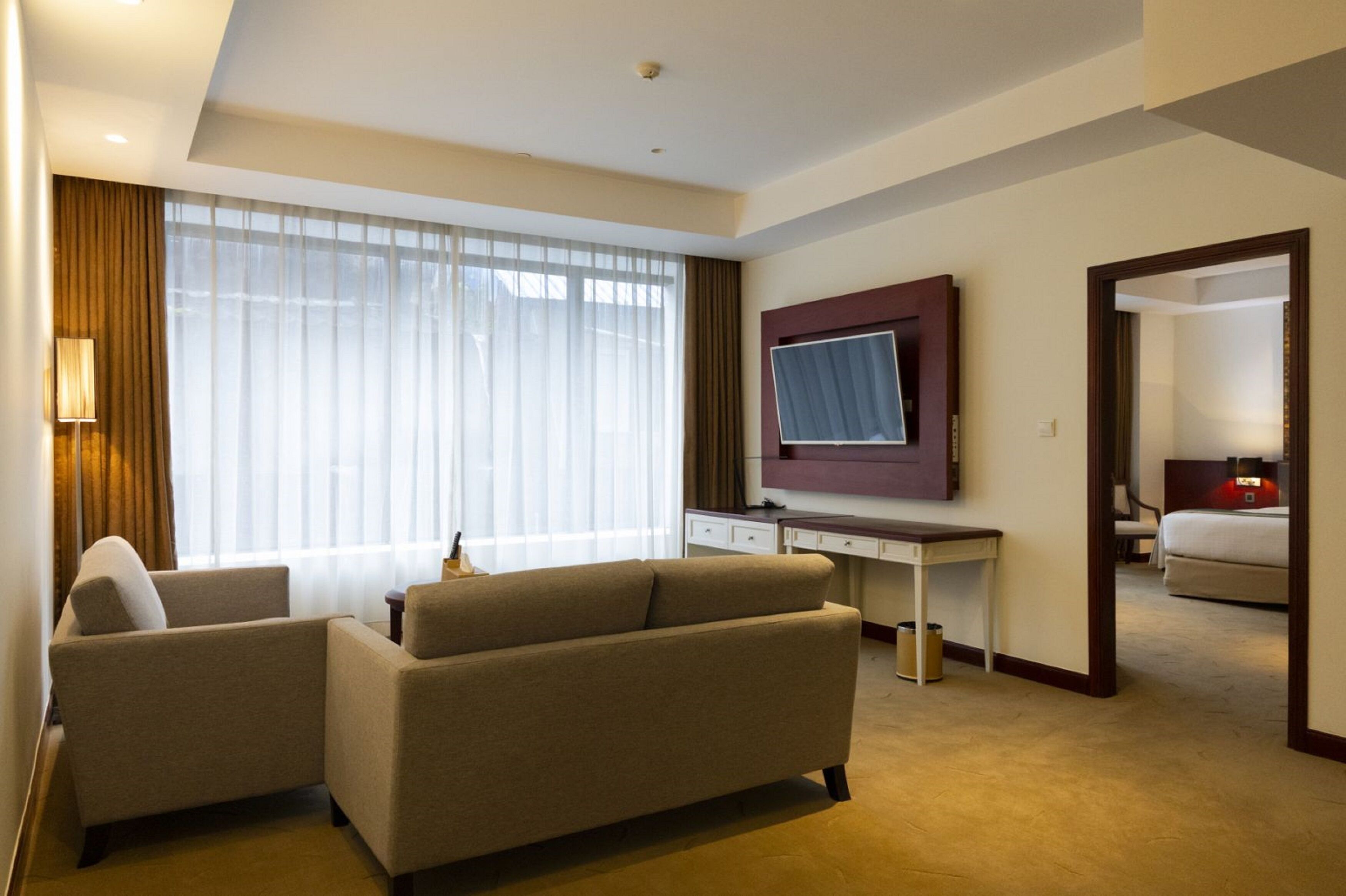 Une chambre d’hôtel avec un canapé, un bureau, une télévision et un lit.