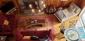 TV, fireplace, books