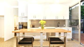 Microwave, dishwasher, coffee/tea maker, cookware/dishes/utensils