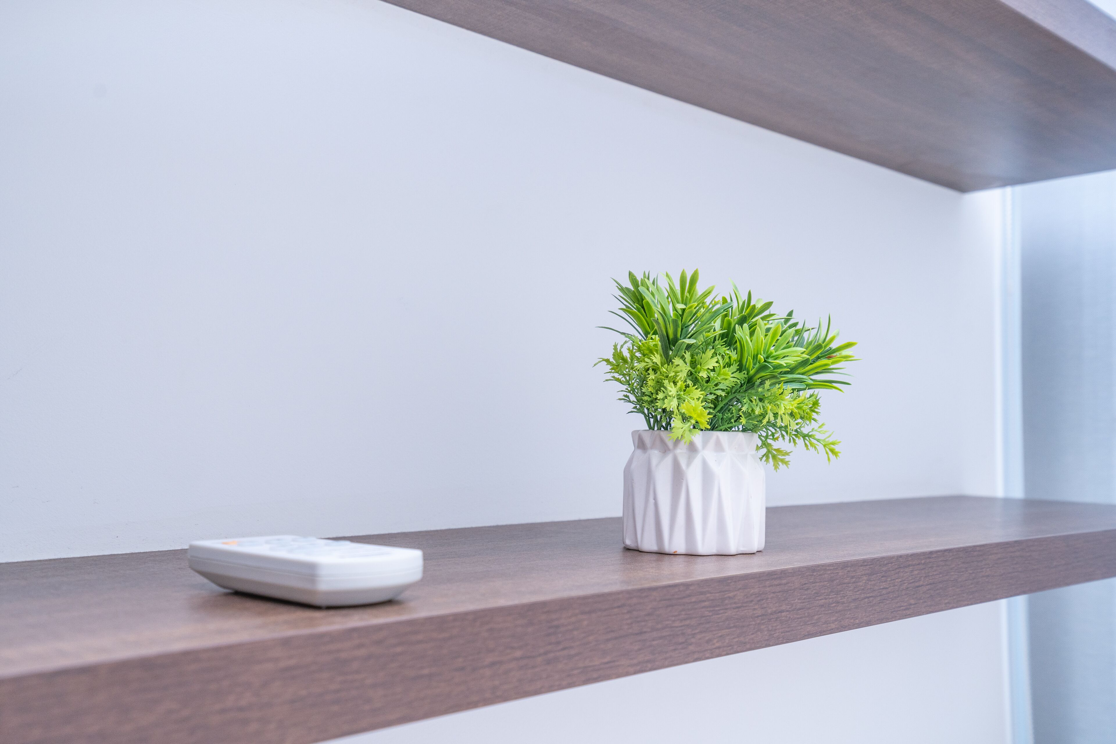 A white remote control on a wooden shelf next to a white pot with green plants.