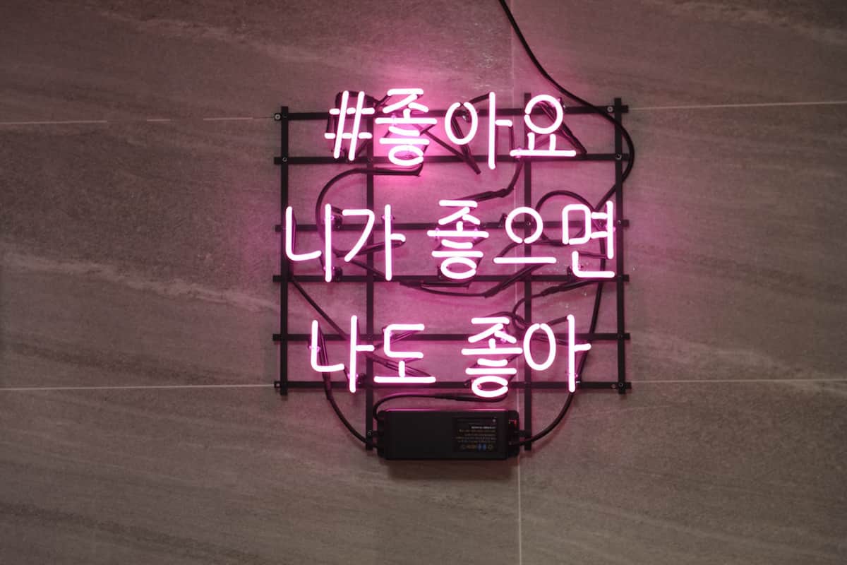 A neon sign with Korean text on a wall.