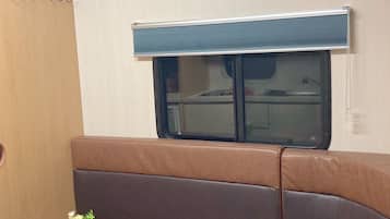 A compact living space with a sofa, a small table with a plant, and a window with a blue roller blind.