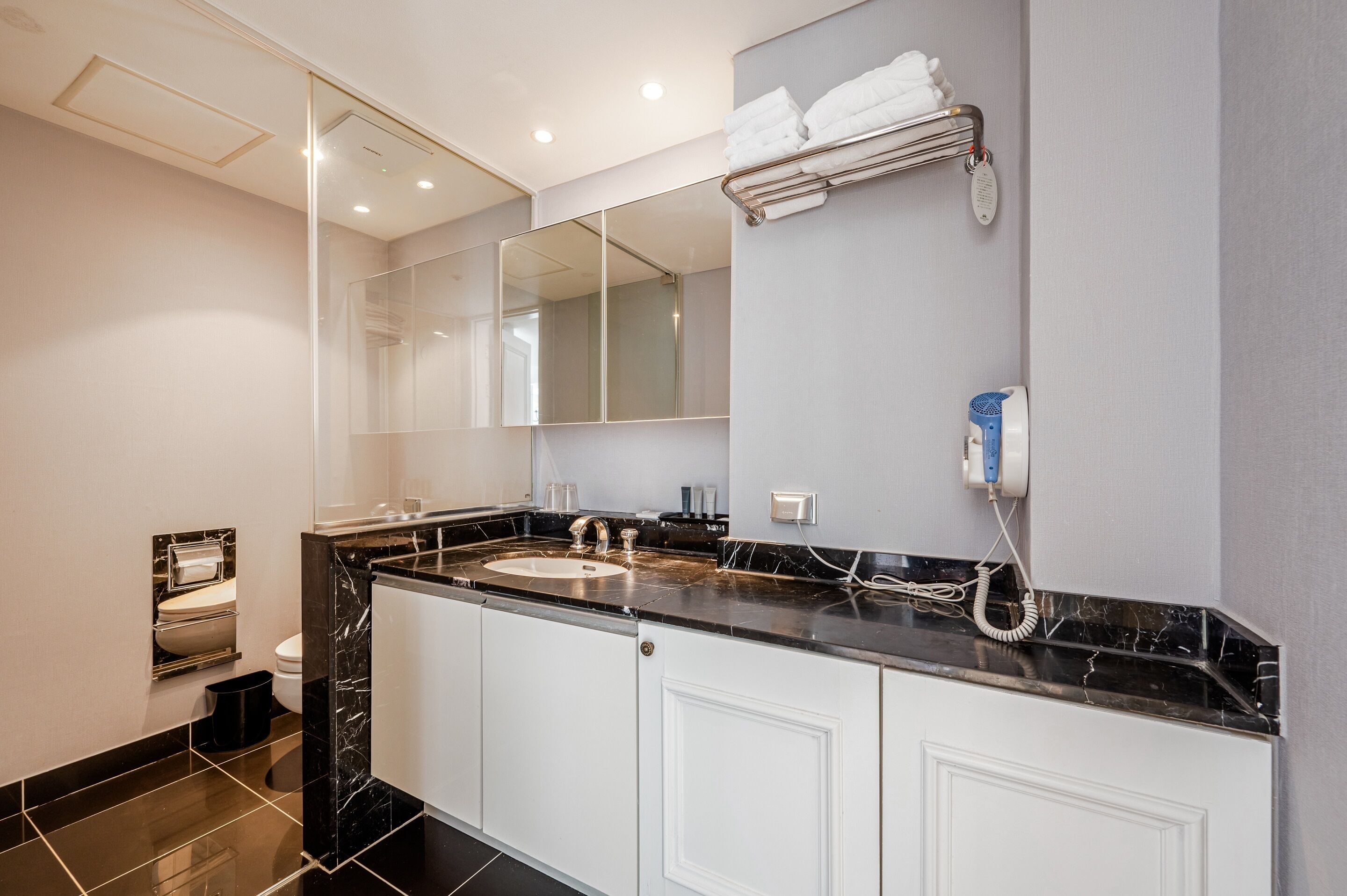 Un baño moderno con encimera de mármol negro, un espejo grande, un perchero y un inodoro.