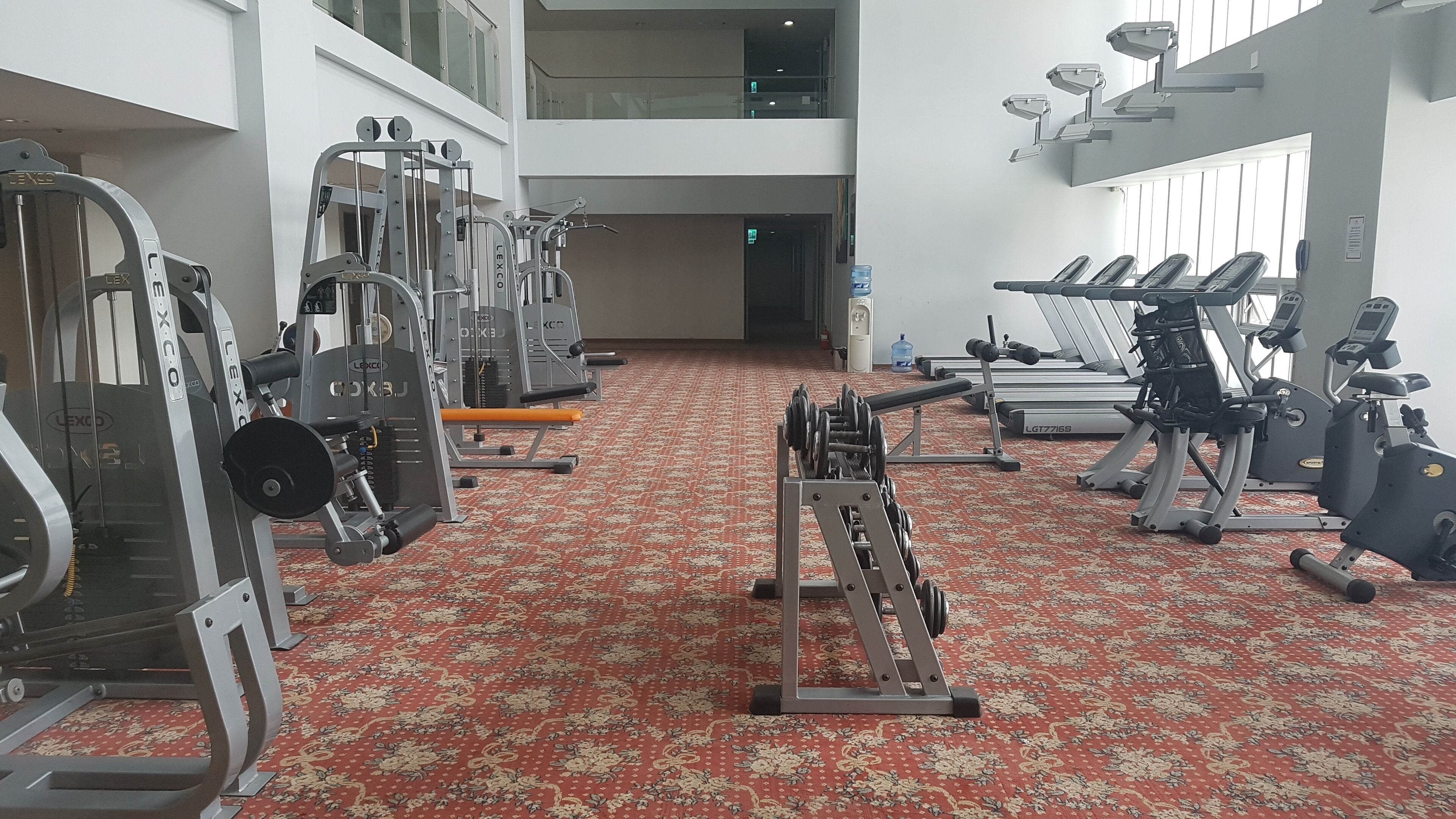 A gym with various exercise equipment, a patterned carpet, and a high ceiling with windows.