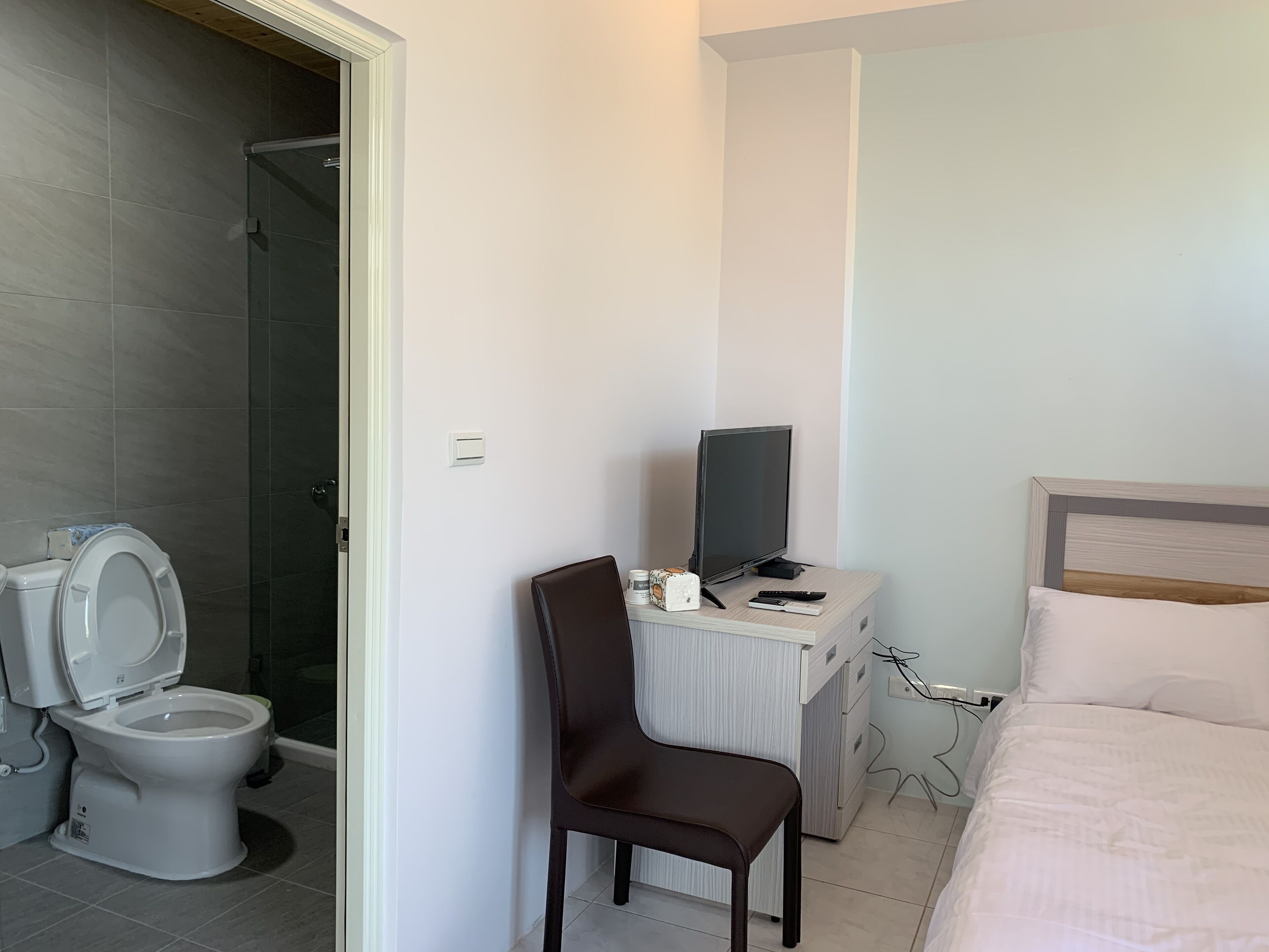 Une chambre d’hôtel équipée d’une douche, de toilettes, d’un bureau avec une télévision et d’un lit.