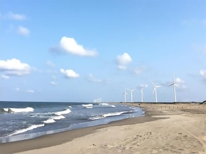 Una playa con olas y turbinas eólicas al fondo.