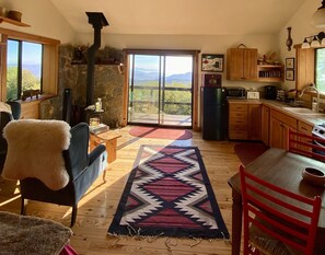 Cozy cabin with a stone fireplace, mountain view, and comfortable seating area.