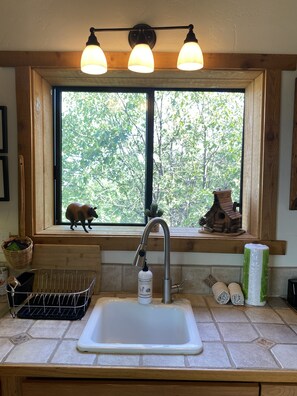 Sink with a view, featuring a large window above, a wooden ledge, and a modern faucet.
