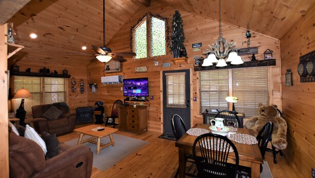 Ein gemütliches Cabin-Interieur mit Wohnbereich, Essbereich und Fernseher.