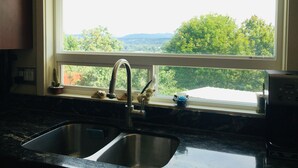 Una cocina con un lavamanos doble, una ventana con vista a árboles y colinas, y una tostadora sobre la encimera.