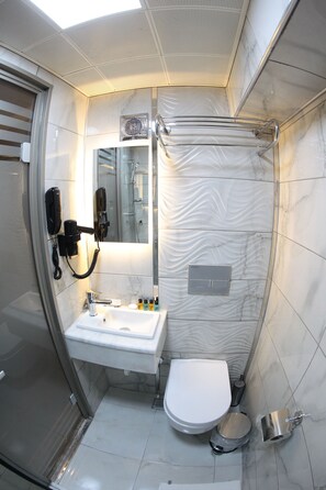 A modern bathroom with a glass-enclosed shower, a sink with a mirror, and a toilet.
