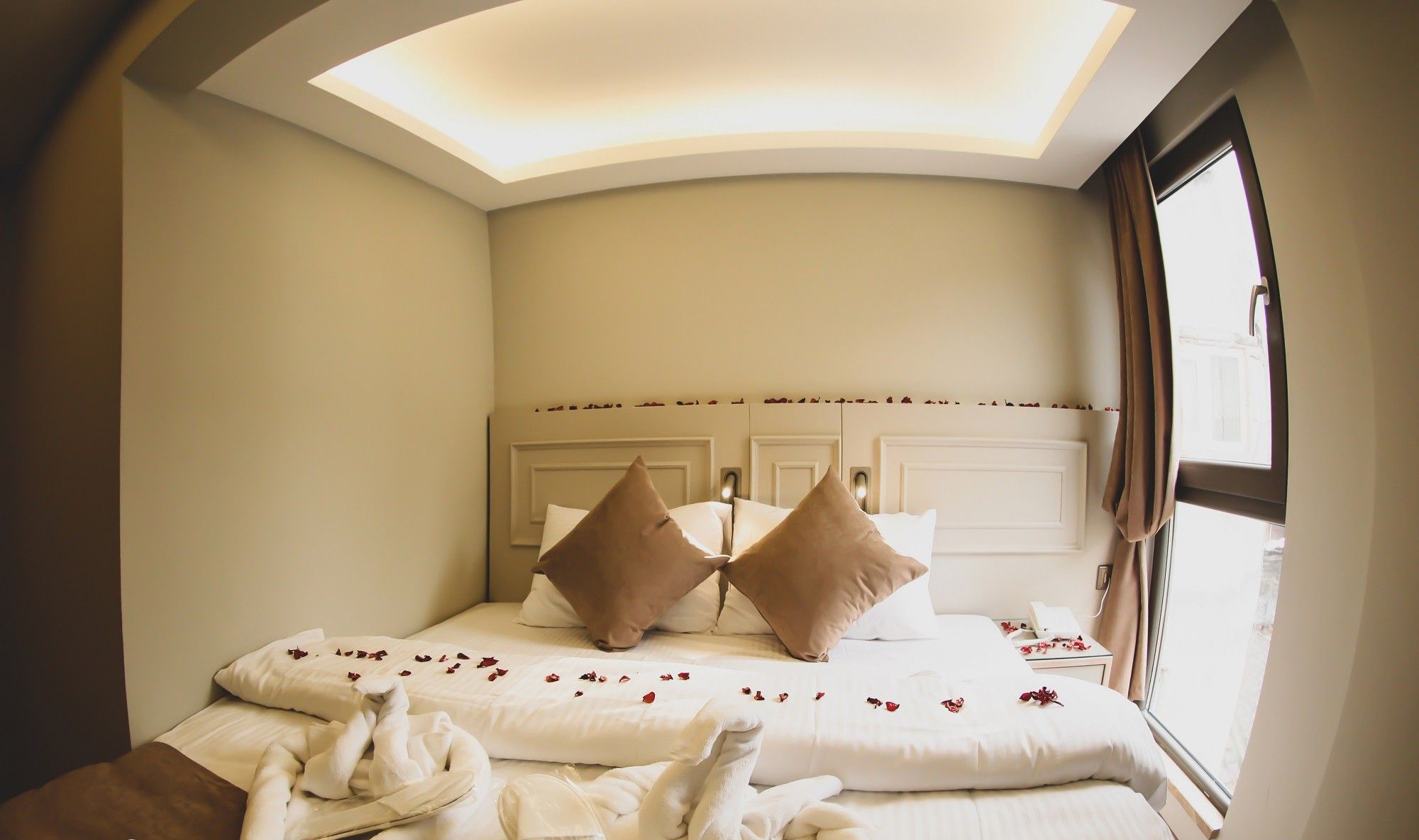 A hotel room with a curved ceiling skylight, a bed with white linens and rose petals, and a bedside telephone.