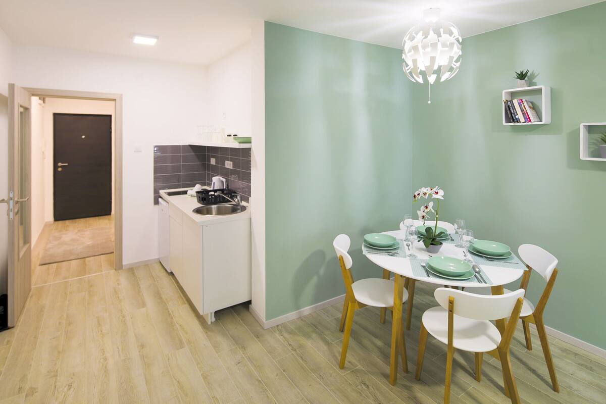 Apartemen (45 m2) | Dapur kecil pribadi | Kompor, mesin pembuat kopi/teh, dan ketel listrik