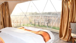 Un dormitorio con un ventanal grande, una cama y una silla.