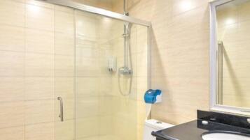 Shower, free toiletries, hair dryer, slippers