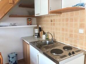 Studio (4) | Private kitchenette | Fridge, stovetop, electric kettle, cookware/dishes/utensils - Apartments Mijic (Medulin)