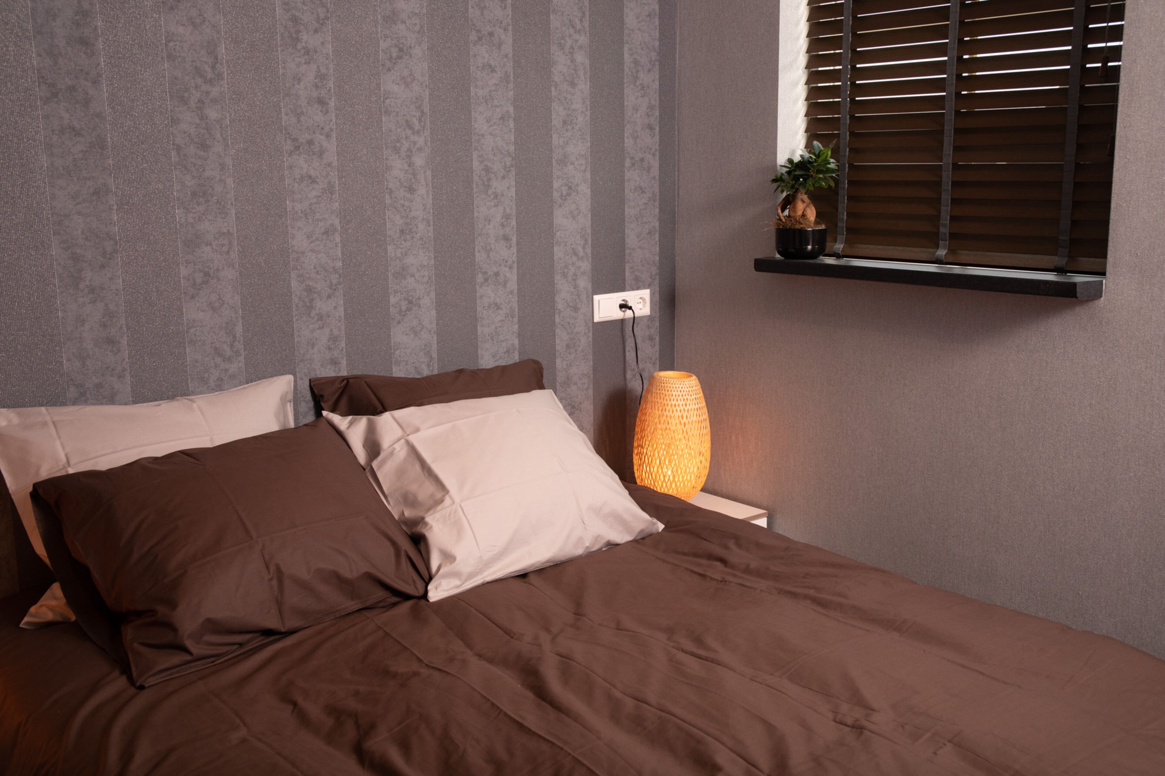 Una cama bien tendida con ropa de cama marrón, una lámpara de noche y una pequeña planta en maceta sobre una mesita de noche.