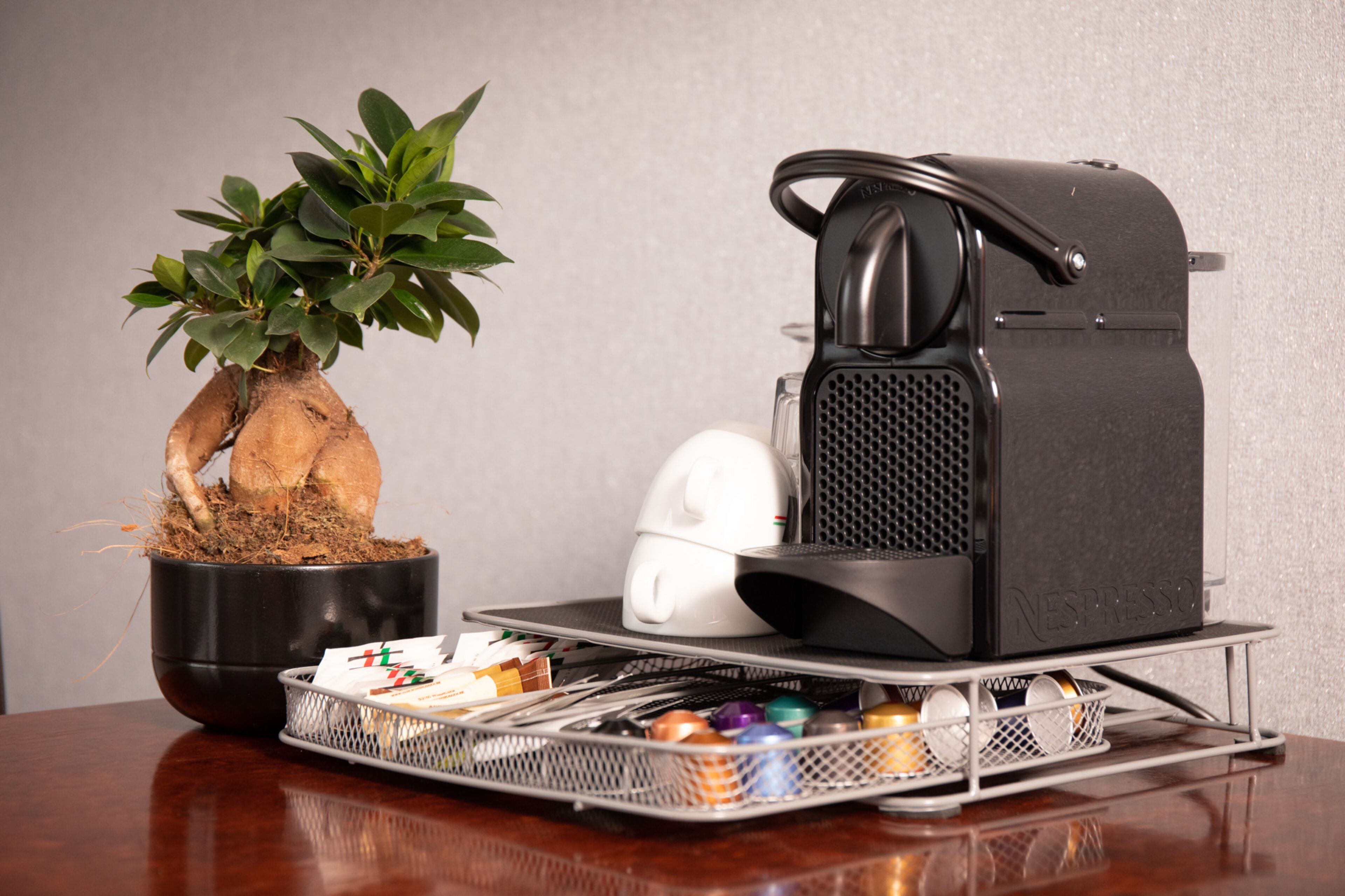 A coffee machine, a potted plant, and a basket of coffee pods on a table.
