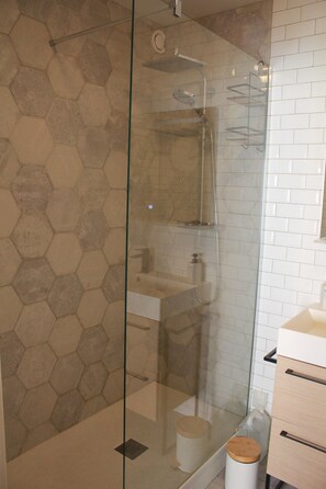 Shower, hair dryer, towels, soap