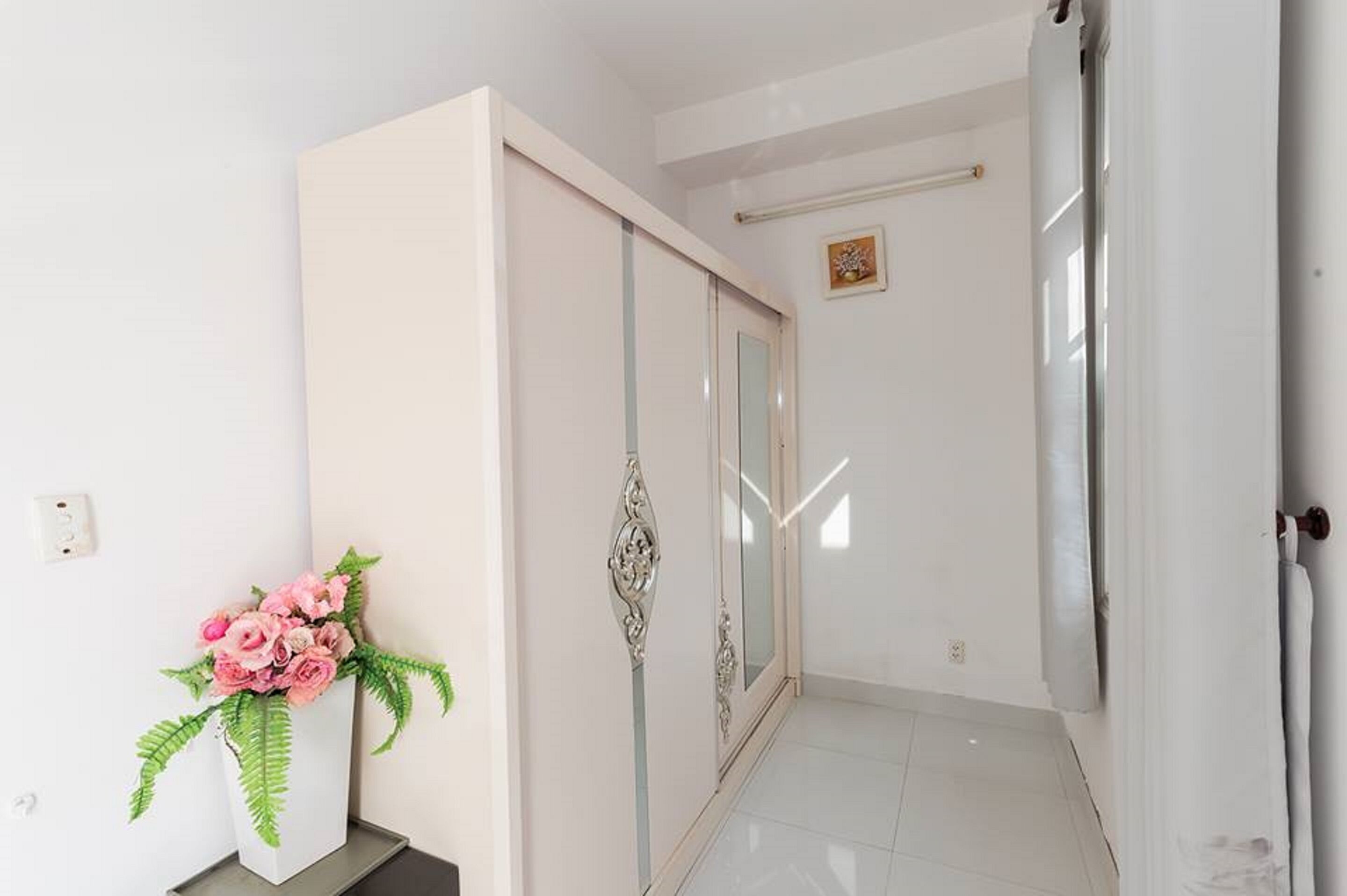 A hallway with a white wardrobe, a decorative plant, and a door with a glass panel.