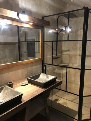 Chuveiro, secador de cabelo, toalhas de banho, papel higiênico
